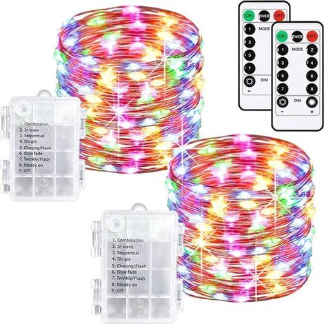 Juego de 2 guirnaldas de luces LED a pilas，10 m，100 LED，con mando a distancia，8 modos de iluminación，resistente al agua IP20，Morado oscuro (1/5)