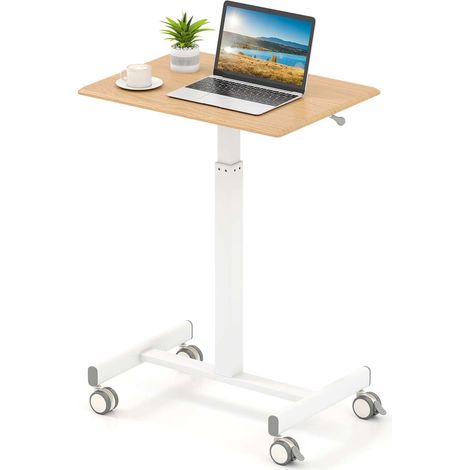 Bureau debout mobile naturel en métal avec hauteur réglable par vérin à gaz et roulettes freinées pour maison, bureau et télétravail