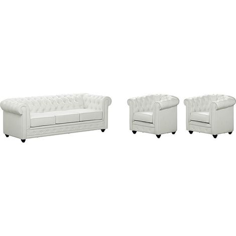 Vente-Unique – Canapé droit 3 places CHESTERFIELD – 205 cm – Simili blanc – Coussins déhoussables – Charge max 360 kg – 2 fauteuils inclus (1/5)