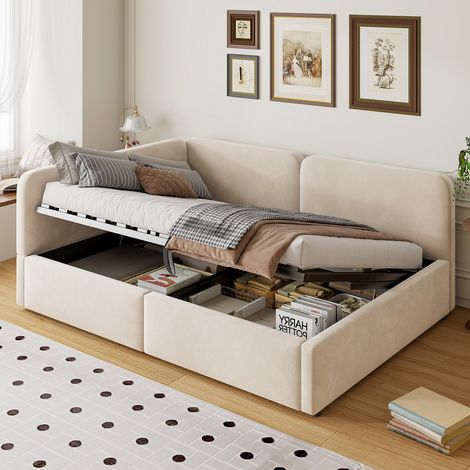 Lit double velours 140x200 capiton rangement hydraulique dossier interchangeable beige chambre, convient aux enfants et aux adultes (sans Matelas) (1/5)