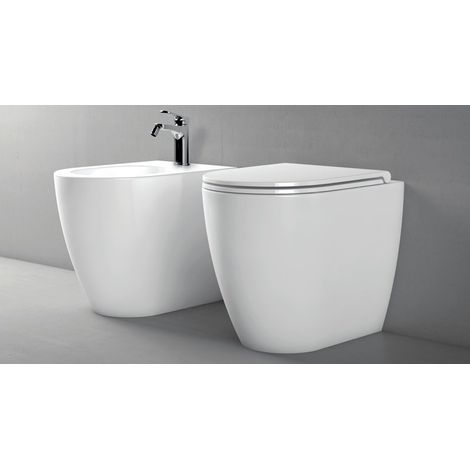 Coppia di sanitari filomuro bianco lucido in ceramica 35x53 cm - Azzurra Ceramica Comoda - Con copri wc soft