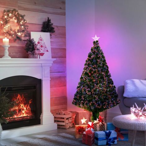 120cm Artificial Christmas Tree, with lights, 120cm tall, multi-colored fiber optic light strips + stand, 130 branches, star-shaped top, sparkling green. (1/5)