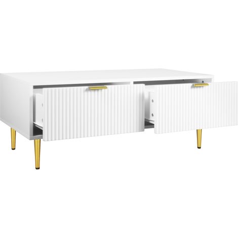 Tavolino da caffè moderno bianco con dettagli oro, 2 cassetti, 100 x 50 x 40 cm (1/5)