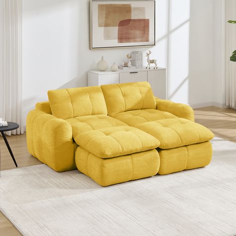 Canapé modulable 2 places déhoussable, tissu velours effet matelassé, assises spacieuses, convertible avec 2 poufs, sans assemblage, idéal petit salon, jaune moutarde (1/5)