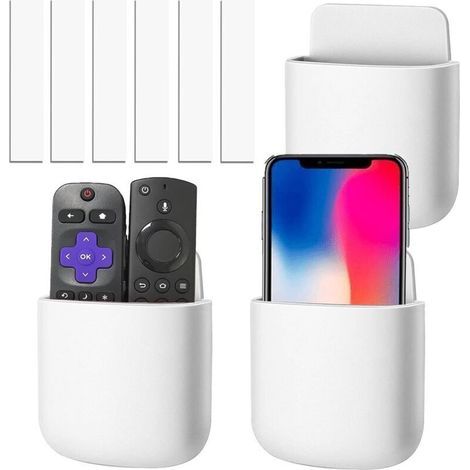 Support mural pour télécommandes et smartphones – Lot de 3, blanc, adhésif, rangement TV et media (1/4)
