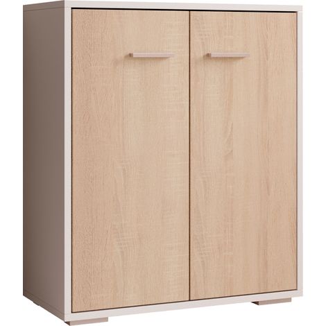 Aparador pequeño 2 puertas Armario multiuso Mueble auxiliar 60x71x30cm Modelo Lander L2 Color Blanco y Sonoma (1/5)