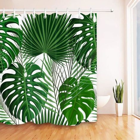 Rideau de Douche Tropical Jungle Plant Rideaux De Salle De Bains Étanche Anti-Moule Vert Feuilles Motif Polyester Tissu Décor À La