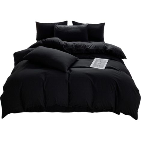 Cet ensemble de literie quatre pièces comprend une housse de couette de 180 x 200 cm, deux taies d'oreiller de 48 x 74 cm et un drap de 230 x 230 cm (noir) (1/5)