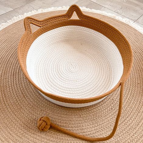Panier Chat Corde Coton / Lin Tressé – Niche Oreilles de Chat 2-en-1 Griffoir, Corbeille Respirante Lavable Sans Odeur 4 Saisons, Lit d’Été pour Chat et Petit Chien (1/4)