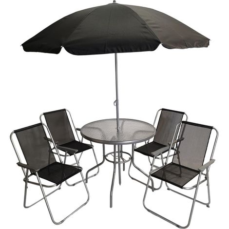 Samuel Alexander 4 Seater Garden Table And Chairs Set 4 Folding Chairs Outdoor Glass Table Garden Dining Set With Black Parasol Umbrella Patio Furniture Set