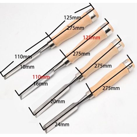 Professionelles Holzmeißelset mit Holzgriffen und CrV60-Klingen, Größen 10-25 mm, 4-teilig