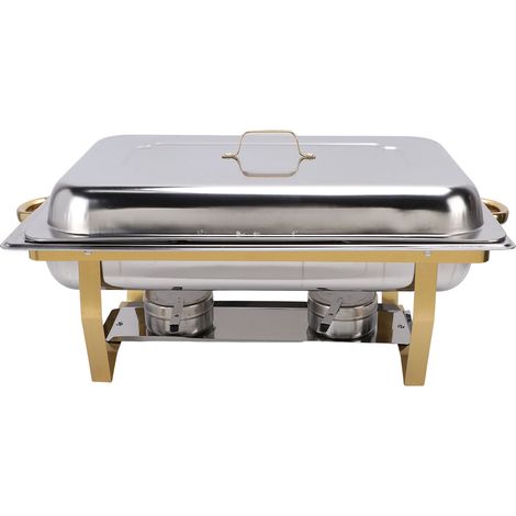 RÉCHAUFFE-PLATS BUFFET RECTANGULAIRE 3 COMPARTIMENTS ACIER INOXYDABLE DORÉ, AVEC COUVERCLE ET 2 PORTE-COMBUSTIBLE, POUR MARIAGE, FÊTE ET TRAITEUR (1/5)