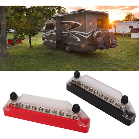 Barre omnibus 48 V 150 A à 10 canaux avec goujons M6 + vis M4, boîte de jonction de bornes de batterie avec couvercle (paire rouge et noire) (livrée dans une boîte en carton) 2 goujons M6 + 8 vis M4 ( (1/5)