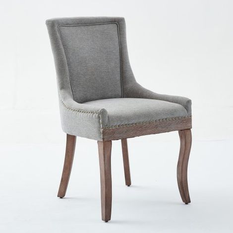 Chaises de salle à manger d'appoint, assise en tissu épais, pieds en bois massif aux tons neutres, clous décoratifs en bronze, lot de deux, grises. (1/5)