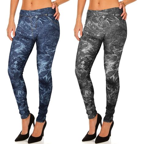 HO-1610 Set de 2 leggings estilo tejano mod. ALISYA motivos florales y bolsillos  Talla: XL-XXL (1/3)