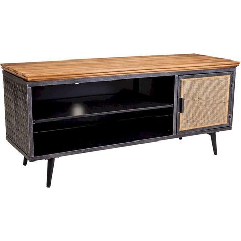 meuble tv industriel bois métal et cannage élégant - bois naturel et noir mat (1/5)