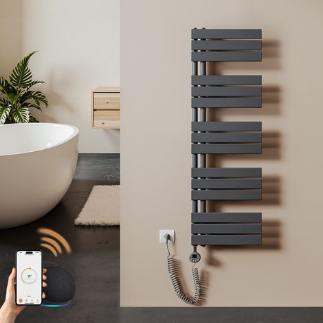 Sèche-serviette électrique 600 W, 1320 x 400 mm, thermostat WiFi, programmable, radiateur salle de bain anthracite – S'AFIELINA