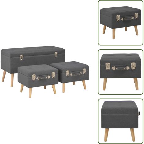 The Living Store Tabourets de rangement lot de 3 Gris foncé Tissu - Tabouret en polyester (1/5)