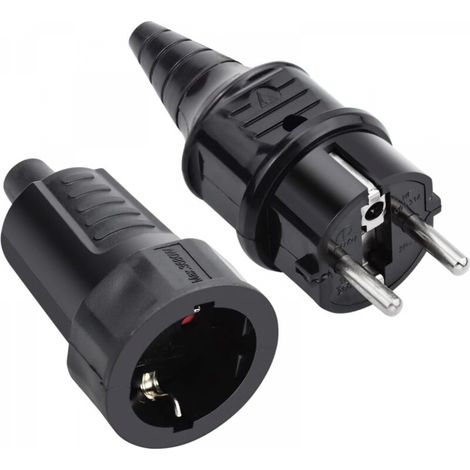 Kit Fiche Mâle & Prise Fem en Caoutchouc, 250V 16A, IP44, Noir (1/5)