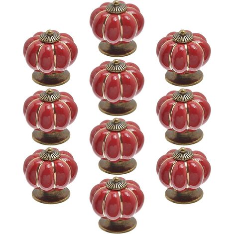 Lot de 10 boutons de porte vintage en céramique, forme citrouille, couleur rouge, pour meubles et portes d'intérieur (1/4)