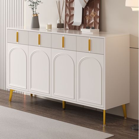 Buffet 4 portes et 4 tiroirs 140 x 38 x 82 cm en MDF blanc avec poignées et pieds dorés HAVRYA (1/5)