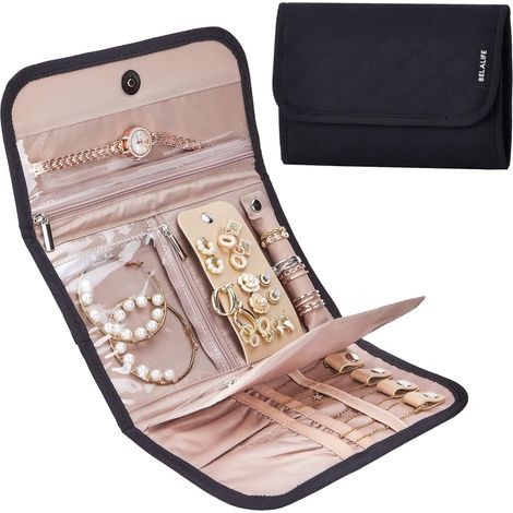 Caja de viaje para guardar joyas, plegable y enrollable, para guardar pendientes, collares, anillos, pulseras y broches, color negro. (1/5)