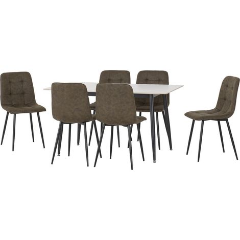 Fenton Dining Table and 6 Chairs Set - L80 x W76 x H140 cm - White Marble Stone Effect/Olive Green Suede