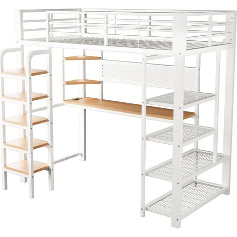 Letto a soppalco 90 x 200 cm in metallo con scrivania, pannello forato, LED e ripiani, bianco (1/5)
