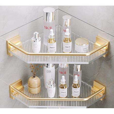 Set of two triangular acrylic corner shelves, no drilling required, suitable for shower rooms and storage spaces. (1/5)