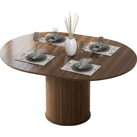 Table à Manger Extensible pour 6 à 8 Personnes, 110-150 cm, Table de Cuisine Ovale avec Piètement Central Rond, Noyer (1/5)