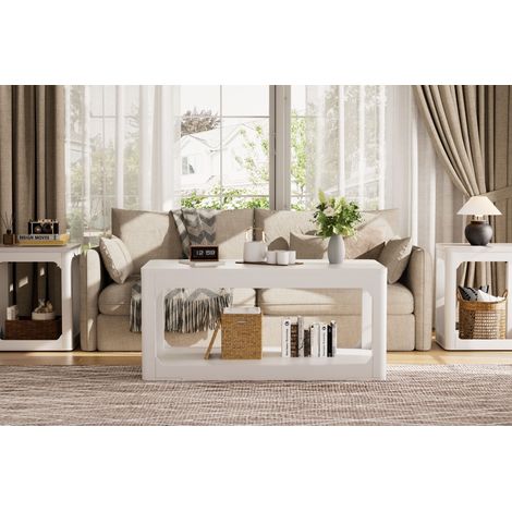 Table basse blanche 100 cm avec deux étagères de rangement, plateau épais de 3 cm, design moderne et sobre, idéale pour salon et chambre, dimensions 100x50x44,5 cm (1/5)