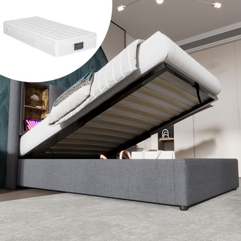 Lit simple 90x200 Gris , Tête de Lit Rembourrée Charge Sans-fil USB-C, Rangement et sommier à lattes en coton bois (avec matelas) (1/5)