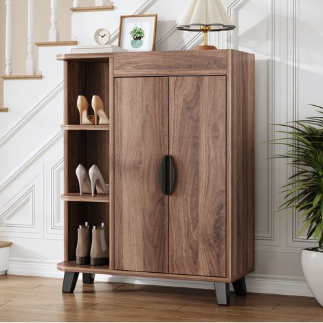 MODFU – Zapatero estrecho 80x32x99 cm de paneles con nichos abiertos, compartimento cerrado, carga 31 kg y aspecto nogal – Nogal (1/5)