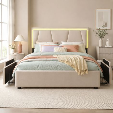 Letto matrimoniale 140x200 cm, con testiera regolabile e LED, 4 cassetti, struttura in ferro, beige, senza materasso (1/5)