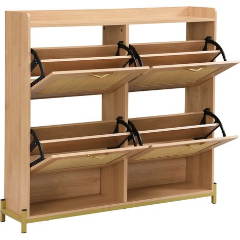 Scarpiera salvaspazio in MDF effetto rovere chiaro con 4 ante, struttura in metallo e ripiano (1/5)