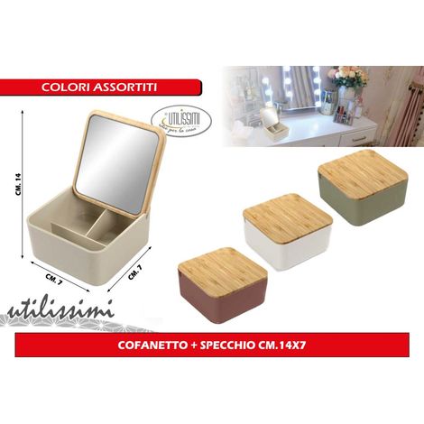 1 Pezzo Contenitore con Specchio in Plastica e Bamboo 14 x 7 cm 4 Colori