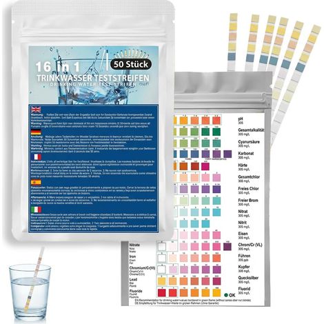 Test Eau Potable 16 en 1, 50 Bandelettes pour Analyse Rapide de l'Eau du Robinet, Puits, Piscine et Aquarium, Contrôle pH Dureté Chlore Plomb Fer Cuivre Nitrates (1/5)