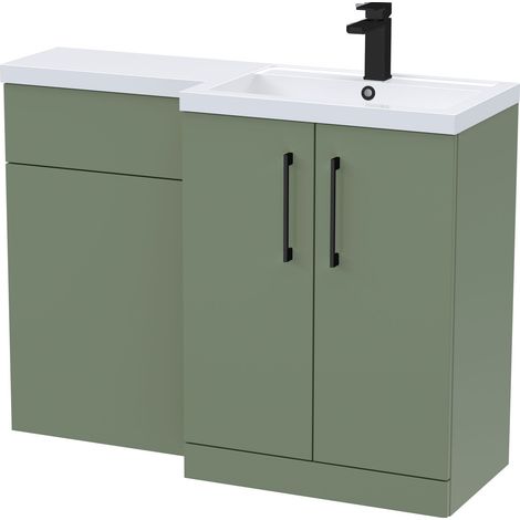 Balterley Right-Hand Bathroom Vanity and WC Unit Combination with Basin - 1100mm - Satin Green with Black Handles (1/5)