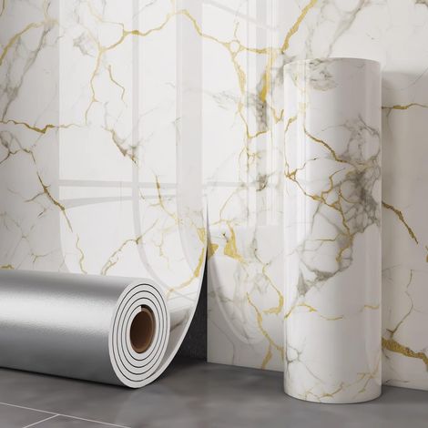 Carreaux muraux autocollants effet marbre platine et or — 60 cm de large x 3 m de long. Idéal pour cuisines, salles de bains, salons, placards et chambres. (1/5)