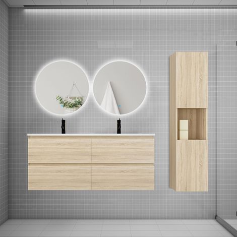 Ensemble meuble chêne et vasque L.120cm 4 tiroirs + colonne1 haut + lavabo + miroir 60x60cm2-suspendu