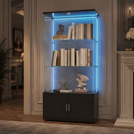 Vitrine en Verre Trempé 3 Étagères avec Bande LED, Armoire Vitrine avec Rangement et 4 Portes à Serrure, 78.5x35x164 cm, Noir
