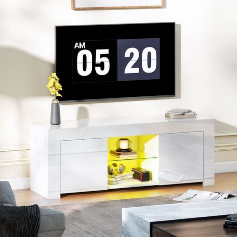 Meuble tv 140 cm blanc lumineux led, portes fermées, étagère vitrée moderne (1/5)