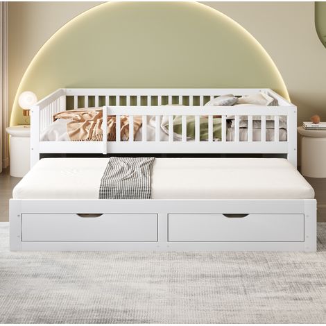 MODFU – Lit banquette gigogne 140x200 cm pin/MDF – 2 tiroirs et barrières de sécurité – Sommier lattes et 29 lattes – Chambre – Blanc (1/5)