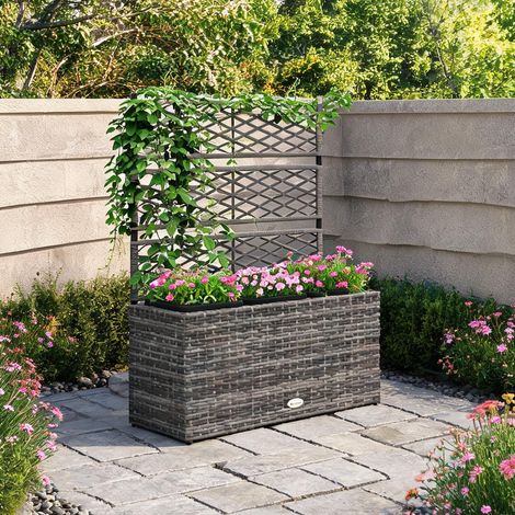 Jardinière avec treillis 3 bacs 33L résine tressée acier gris (1/5)