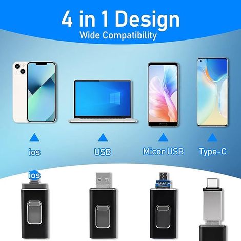 Clé USB pour iPhone 128Go, Certifiée MFi - Cle USB Lightnning 4 en 1 - Compatible iOS/Android/PC - USB 3.0 Haute Vitesse Branchez et Utilisez - pour Sauvegarde de Photos et Vidéos - Noir