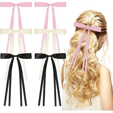 Fermaglio per capelli con fiocco, set di 6 nastri per capelli con fiocco e coda lunga, fermaglio per capelli in raso da donna con fiocco, fermagli per capelli con fiocco (1/5)