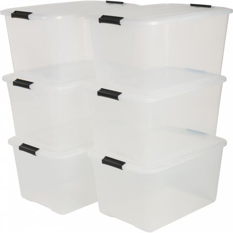 Iris Ohyama – Boite de rangement plastique avec couvercle 45L – Lot de 6 – Transparent – Résistant aux chocs – Poignée intégrée pour transport