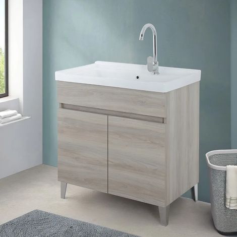 Mobile lavatoio 79x46,8 cm rovere grigio con vasca in ceramica bianca (1/5)