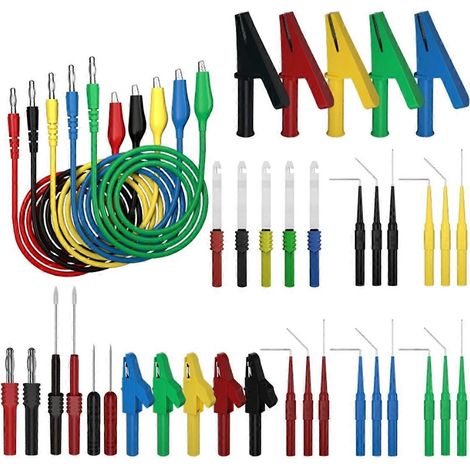 Kit de 41 cordons de test pour multimètre, comprenant des fiches bananes 4 mm, des pinces crocodiles et des sondes à perforation. (1/5)