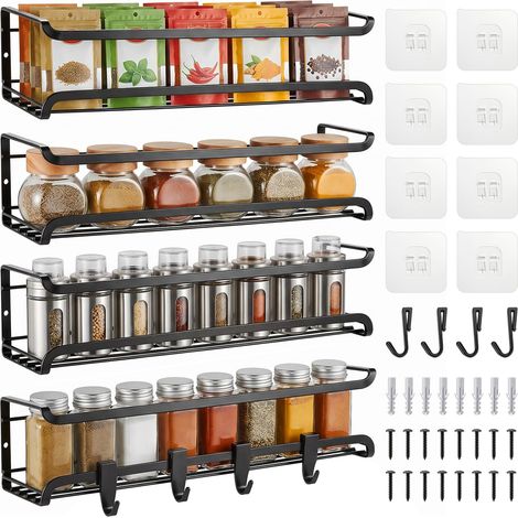 Lot de 4 Étagères à Épices Murales Sans Percer, Noires, Étagères à Épices Suspendues en Métal pour Cuisine, Placard, Salle de Bain (1/5)